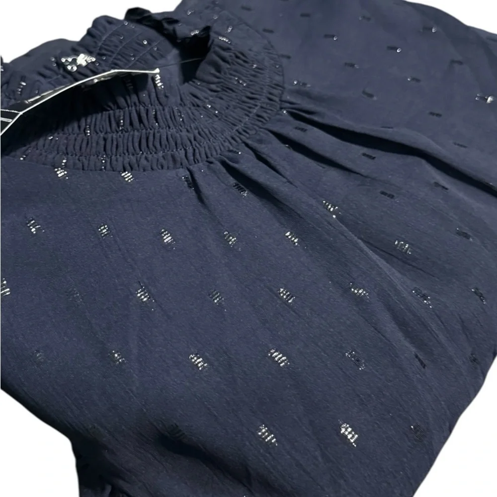NWT Express Dark Blue Navy Sparkly Dress with Ruffle Sleeves and Keyhole Back - Picture 9 of 11